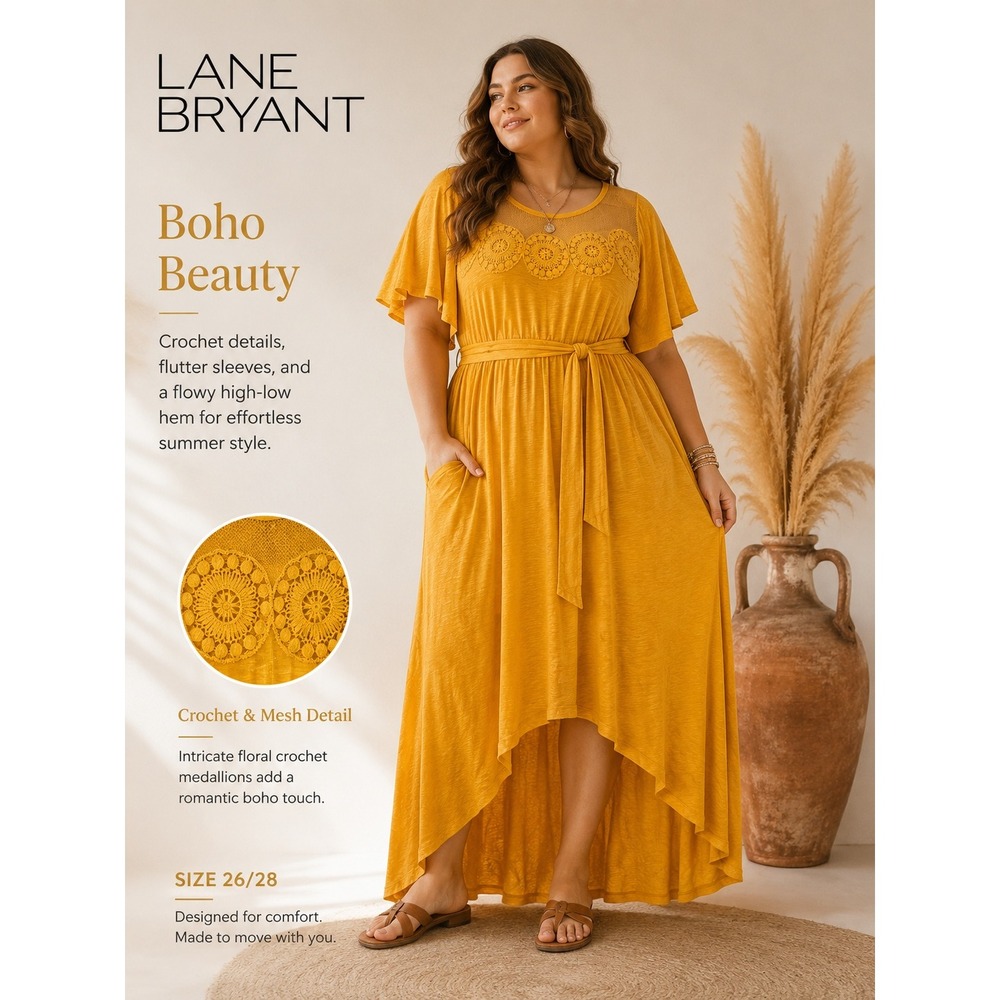 NEW Lane Bryant‎ High Low Maxi Dress Womens 26/28 Yellow Crochet Flutter Sleeve